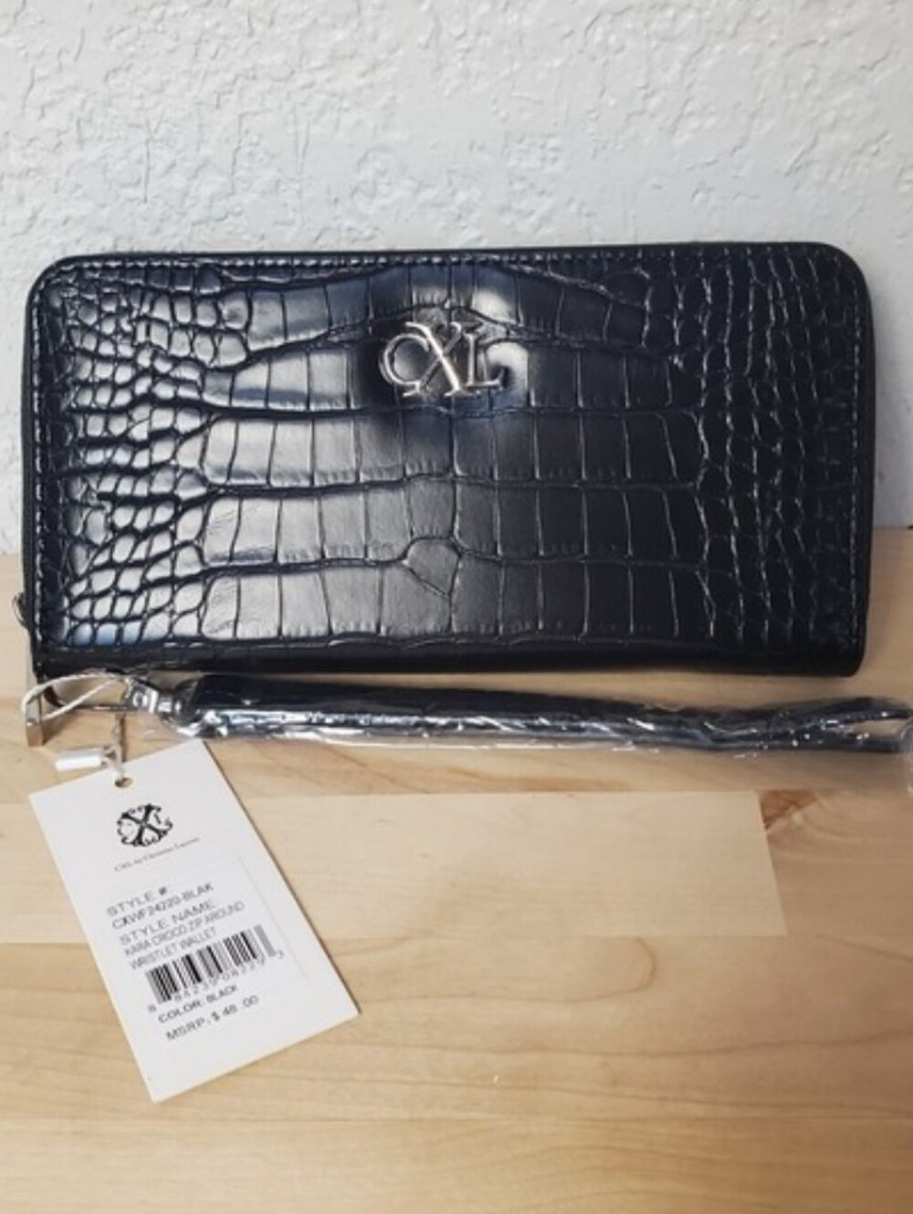 Christian Lacroix Black Croc-Embossed Zip Wallet with Wrist Strap